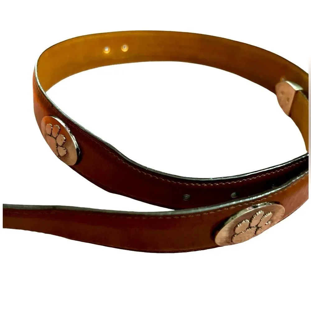 Mens 100% Brown Leather Belt Silver Big Cat Paw Medallions Size 34